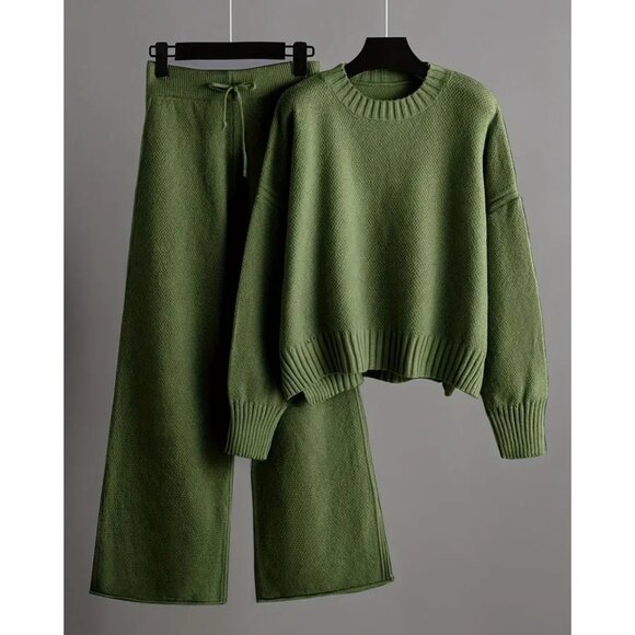 Casual Knitted Two-Piece Set | Loose Sweater & Wide Leg Pants - Picture 1 of 2